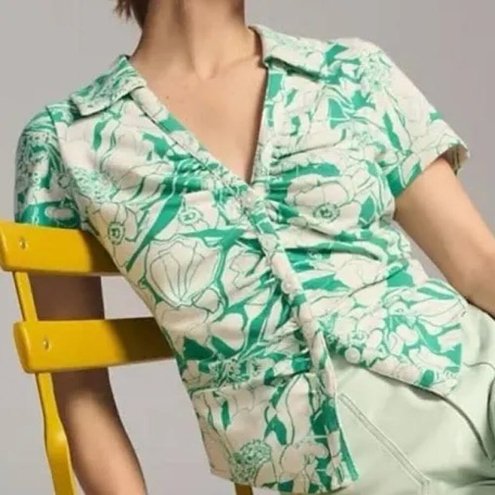 Anthropologie Maeve ruched floral button-down top Size Medium